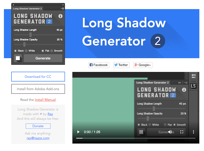 Screenshot of website for Long Shadow Generator free plugin for Photoshop
