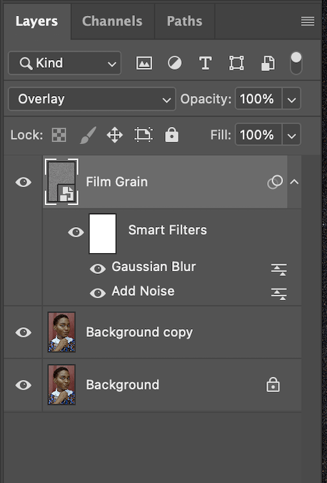 opening the filters on the film grain layer in photoshop