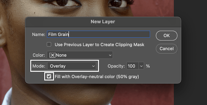 selecting overlay mode in the new layer dialog box in photoshop