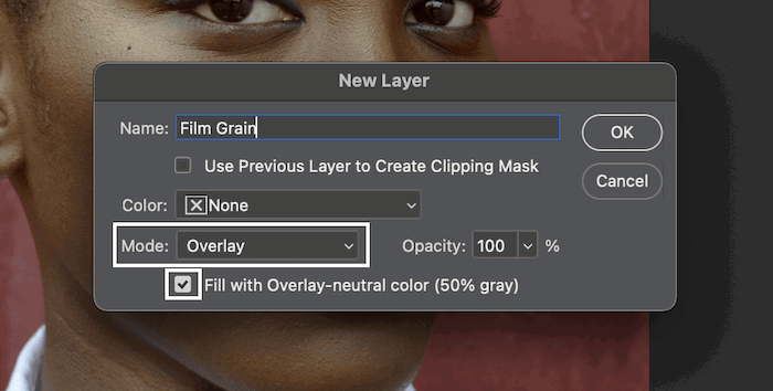 selecting overlay mode in the new layer dialog box in photoshop