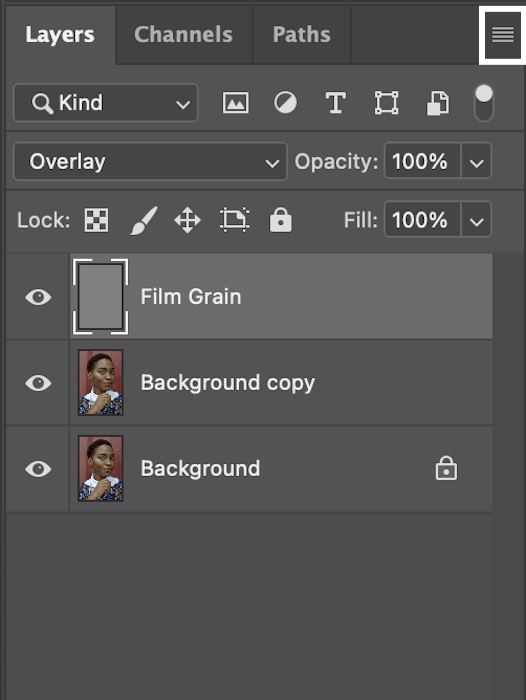 selecting the menu icon in the top right of the layers panel