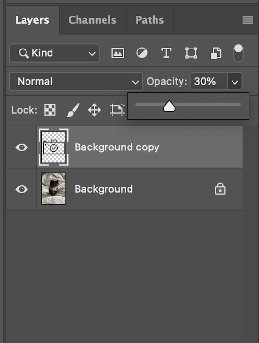Reducing opacity in Photoshop Layers panel