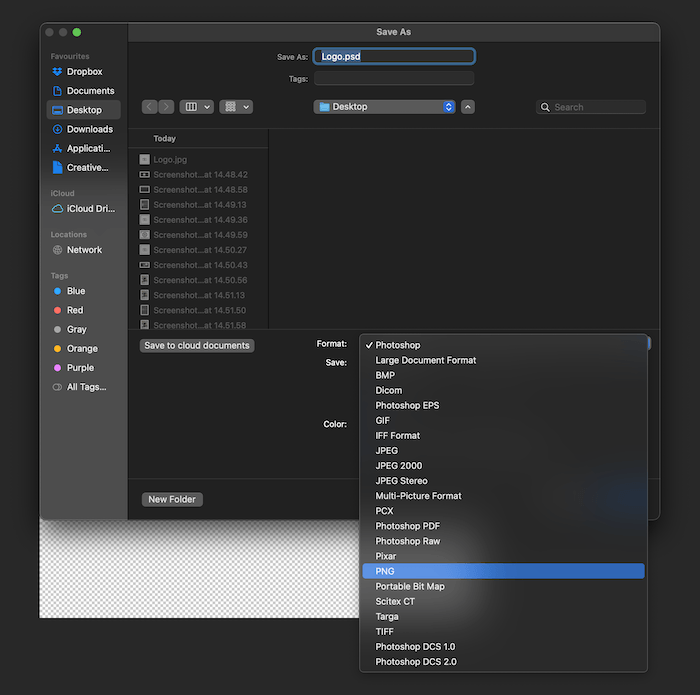 Screenshot of saving a PNG file in Photoshop