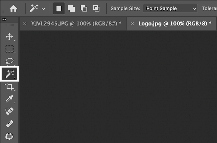 Highlighted Magic Wand tool in the left-hand toolbar in Photoshop