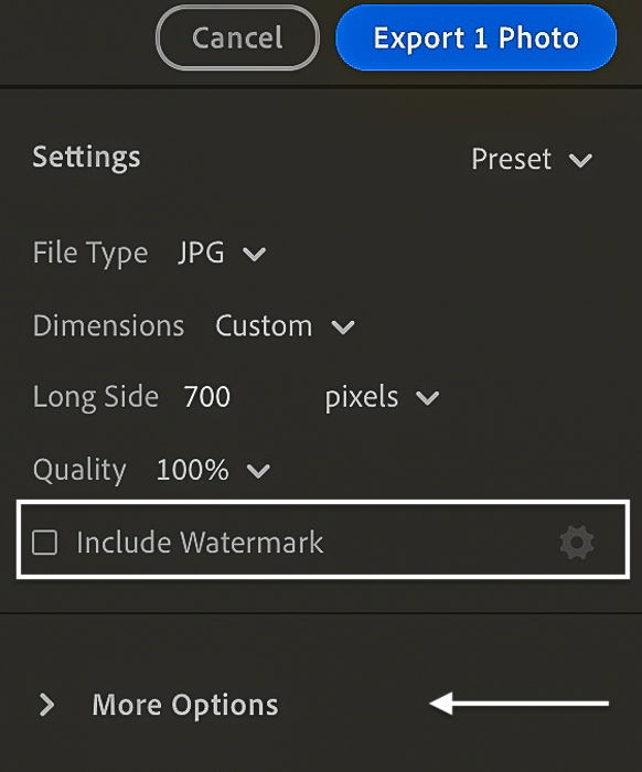 Lightroom CC export panel