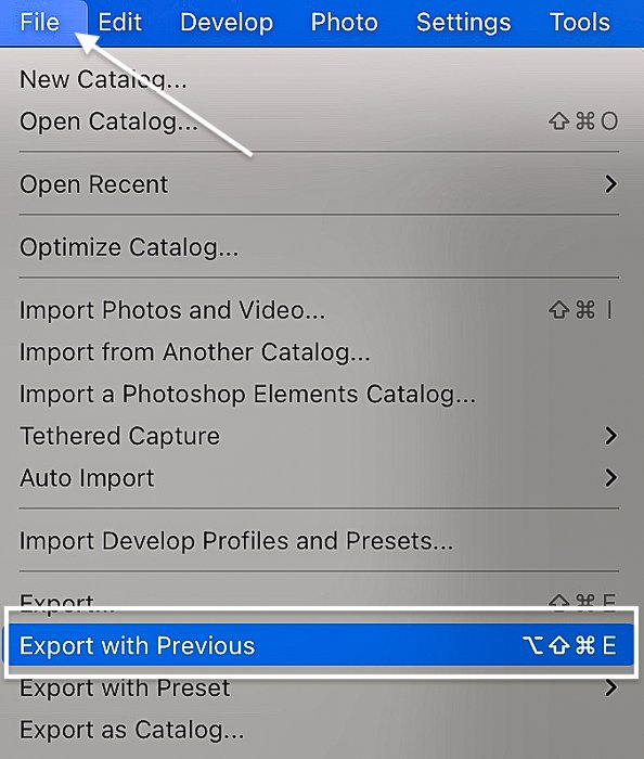 Lightroom Classic menu with 'Export with Previous' option