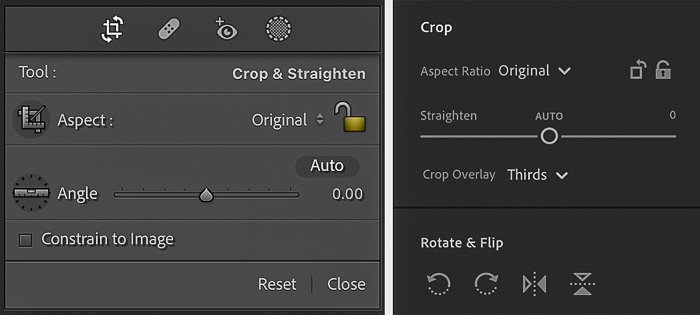 Screenshots comparing Lightroom Classic Crop & Rotate panel with Lightroom CC crop panel