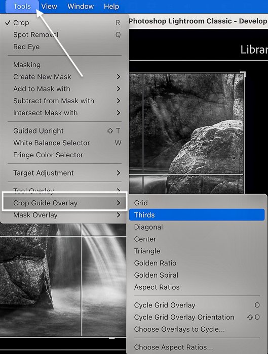 Screenshot of Lightroom Classic tool menu and crop overlay rule of thirds option
