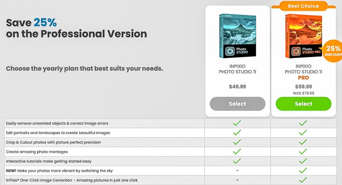 Screenshot of inPixio pricing webpage