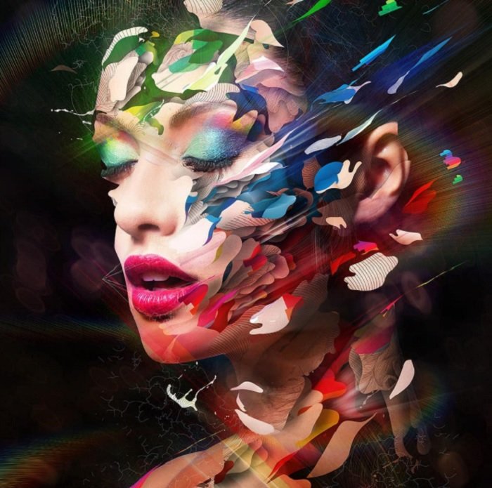 Portrait of woman with peeling multi-colored face as an idea for photo manipulation