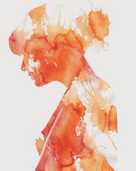 A silhouette of woman filled with paint blotches as a photo manipulation idea