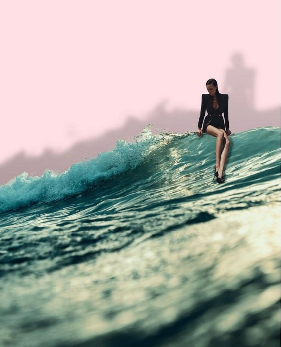 Woman sitting on wave pink background as an idea for photo manipulation