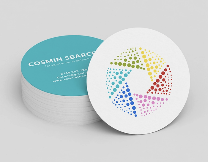 circle business card design with a colorful aperture logo for photographers