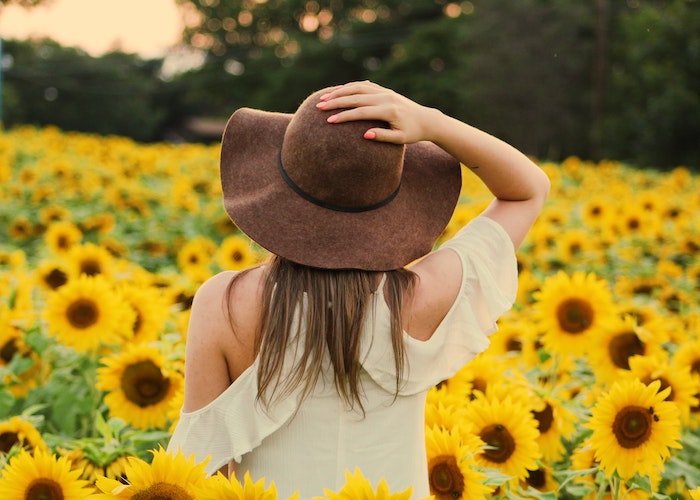 Girl in sunflower field with back to camera and hat on her head