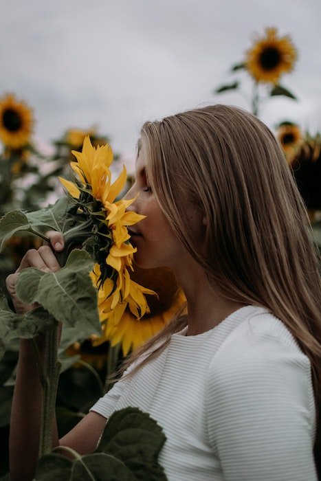 A model smelling a sunflower in a field