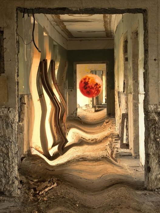 Surreal Photography idea of a Red moon in a crumbling building