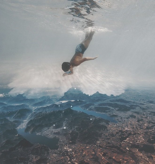 Surreal Photography: Boy diving into water above the Earth