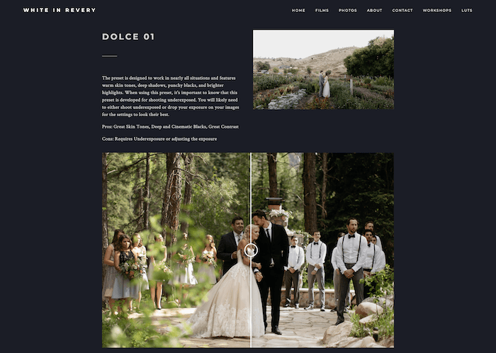 Screenshot of White In Revery website with Dolce wedding presets for Lightroom