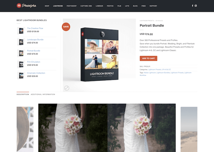 Screenshot of Preset Pro website with portrait bundle of wedding presets for Lightroom