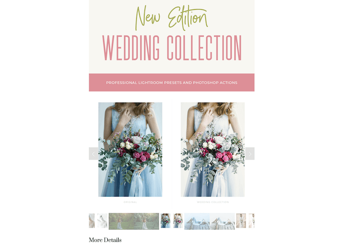 Screenshot of Be Art Presets website with a vintage collection of wedding presets for Lightroom
