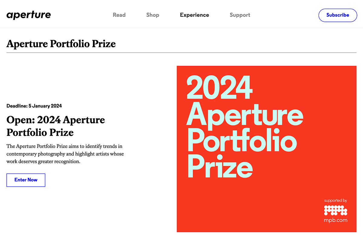 Aperture Portfolio Prize website for photography contests