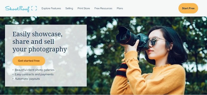 Screenshot of Shootproof photography website builder with girl using DSLR