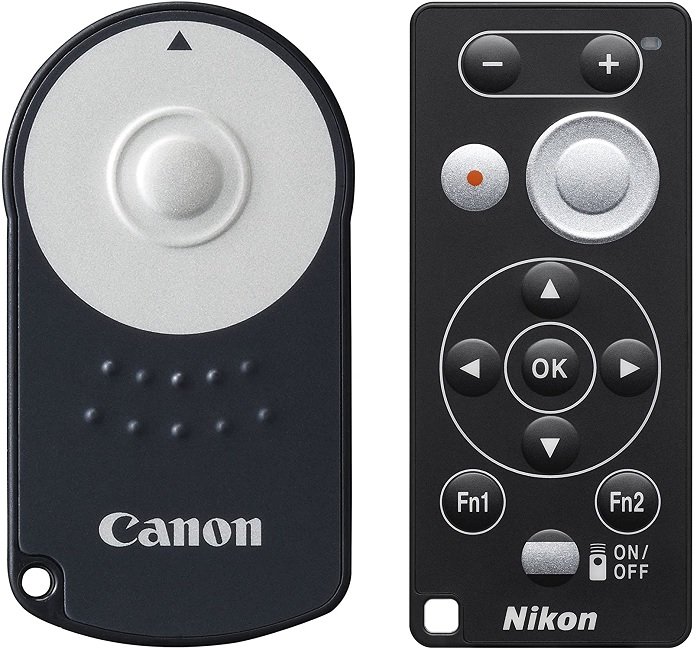 Products photos of Canon and Nikon shutter remotes, must-have camera accessories