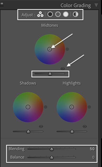 Captura de tela do Lightroom Classic do painel de gradação de cores