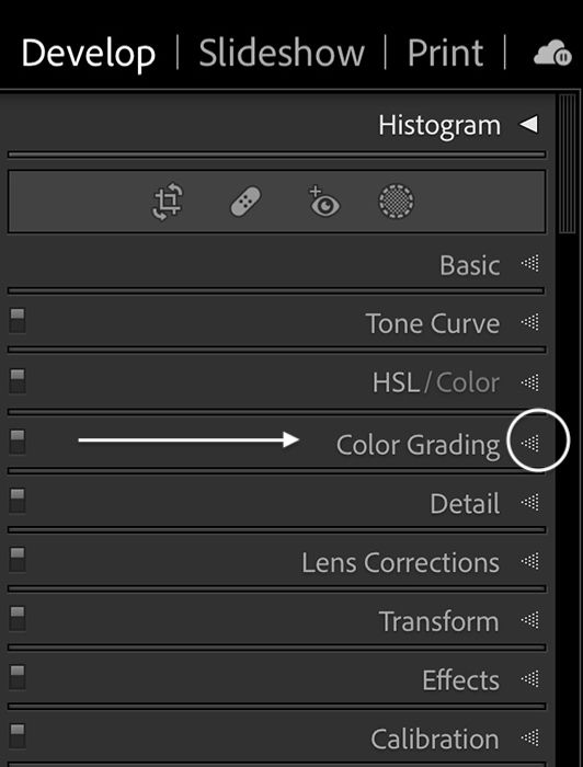 Captura de tela do Lightroom Classic da localização do painel de gradação de cores