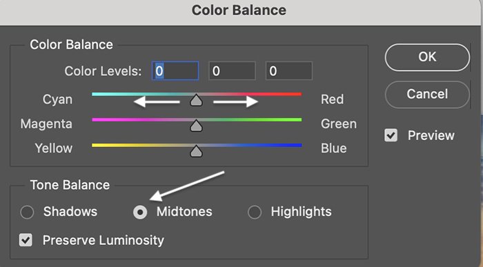 Camada de ajuste de equilíbrio de cores da captura de tela do Photoshop