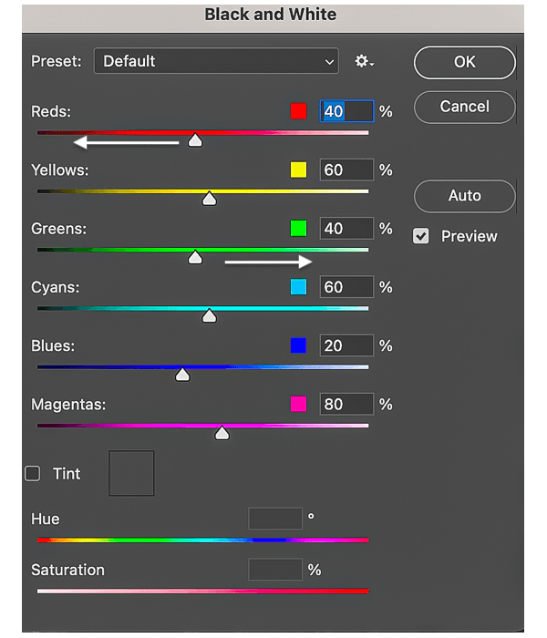Photoshop screenshot of Black and White adjustment panel