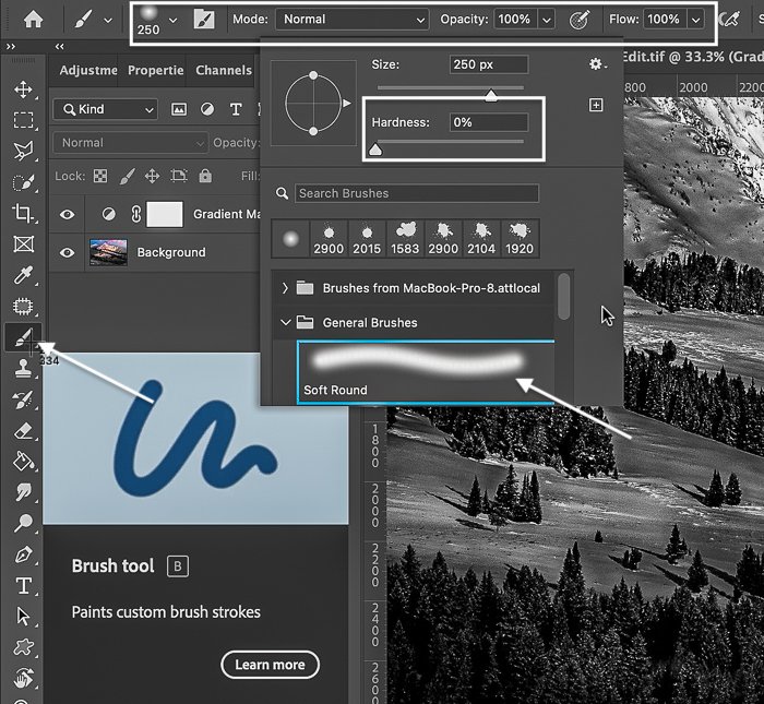 Configurações da ferramenta Pincel de captura de tela do Photoshop