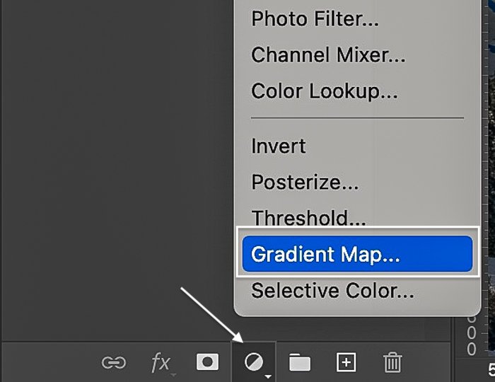 Captura de tela do Photoshop Atalho de camada de ajuste de mapa de gradiente
