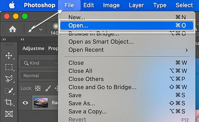 Photoshop screenshot to open a file
