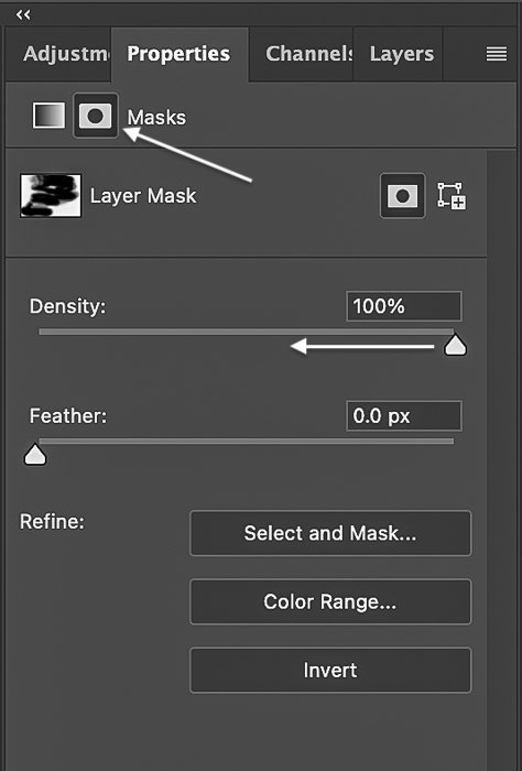 Photoshop screenshot of the layer mask properties panel