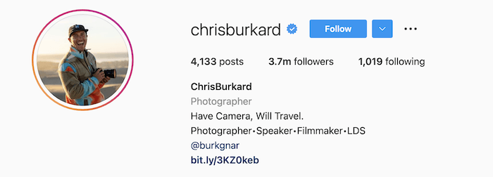 Bio for photographer Chris Buckard on Instagram