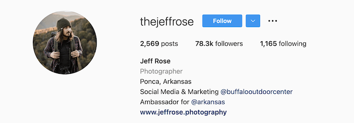 Biografia do Instagram do fotógrafo Jeff Rose
