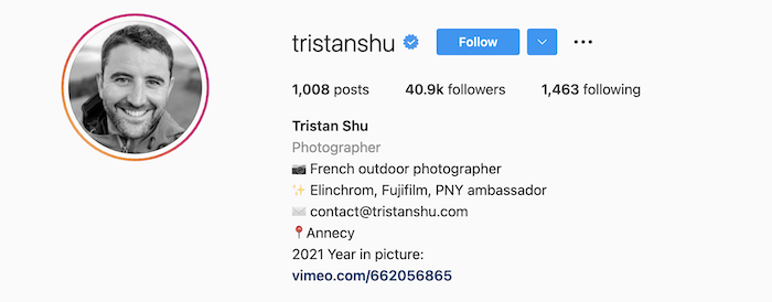 Biografia do Instagram do fotógrafo Tristan Shu