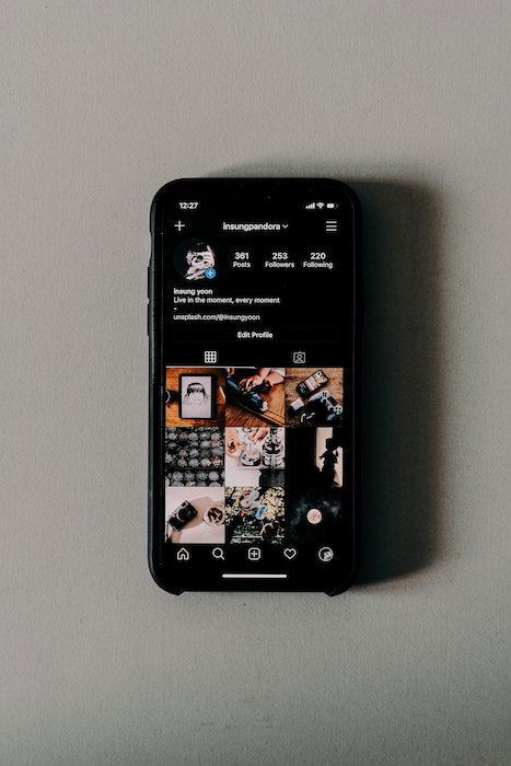 Smartphone showing an Instagram bio and photo gallery