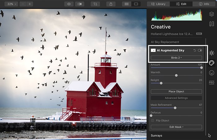 Luminar screenshot of a lighthouse with augmented sky replacement of birds