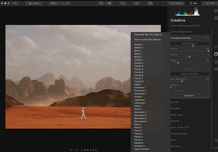 GIF of Luminar workspace with astronaut and shuttle taking off