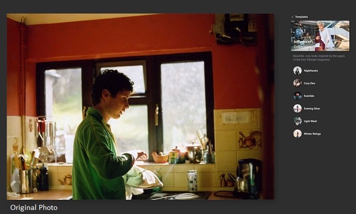 Luminar AI的屏幕上的照片，男子在厨房与模板选项