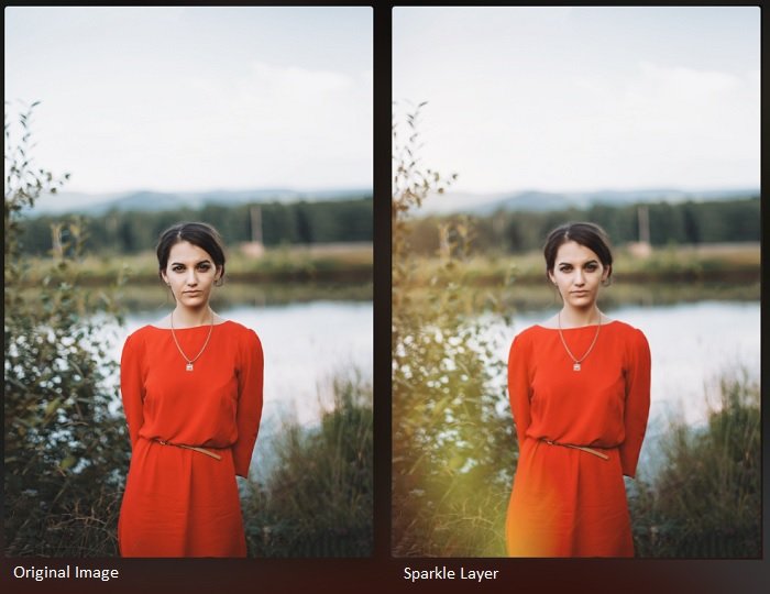 Two side by side portraits of a woman in red dress after applying luminar neo sparkle layer