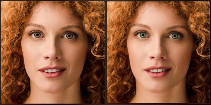 Two portrait comparison of a woman with red hair one with brown eyes and the other with green