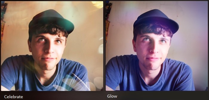 Two portraits of man in hat with celebrate and glow luminar neo effects applied
