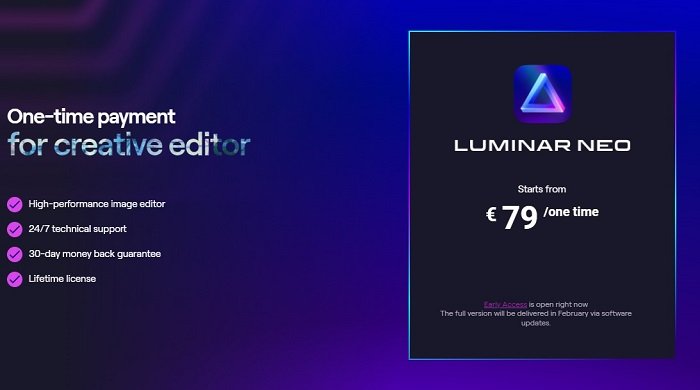 advertisement for Luminar Neo and its listed features