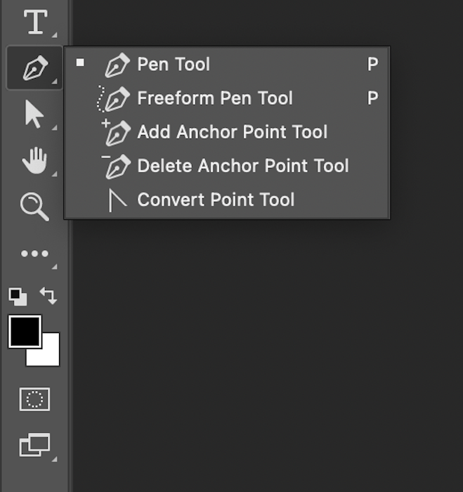 Ferramenta caneta e variações na barra de ferramentas esquerda no Photoshop