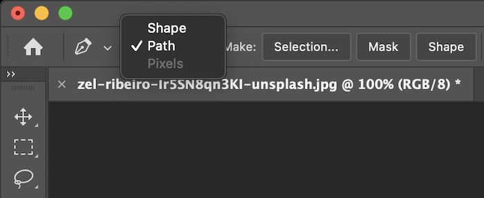 Pen tool shape and path modes in Photoshop's top toolbar
