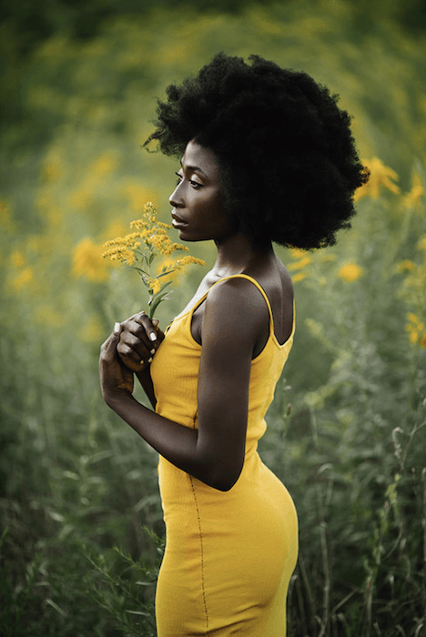 retrato com flores de uma mulher em um vestido amarelo com flores amarelas