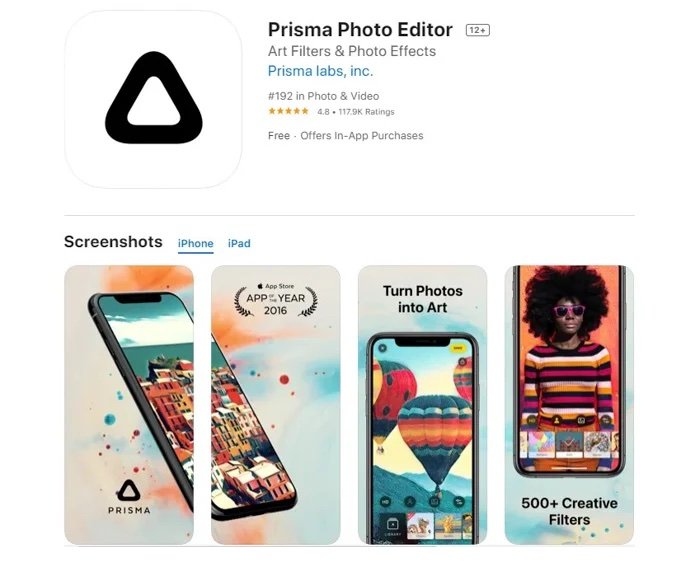 Image of the Prisma photo editing app in the App Store